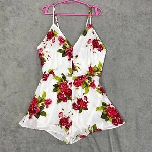 Smell the Roses Playsuit Romper Womens L White Red Floral Sleeveless V-Neck